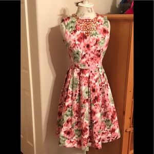 Floral a-line dress with jeweled neckline